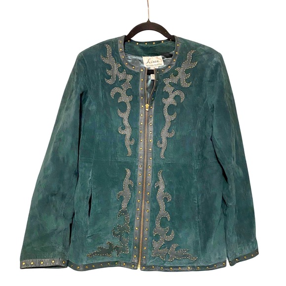 Vintage Suede Leather Embellished Studded Blue Jacket Medium Boho Western Folk